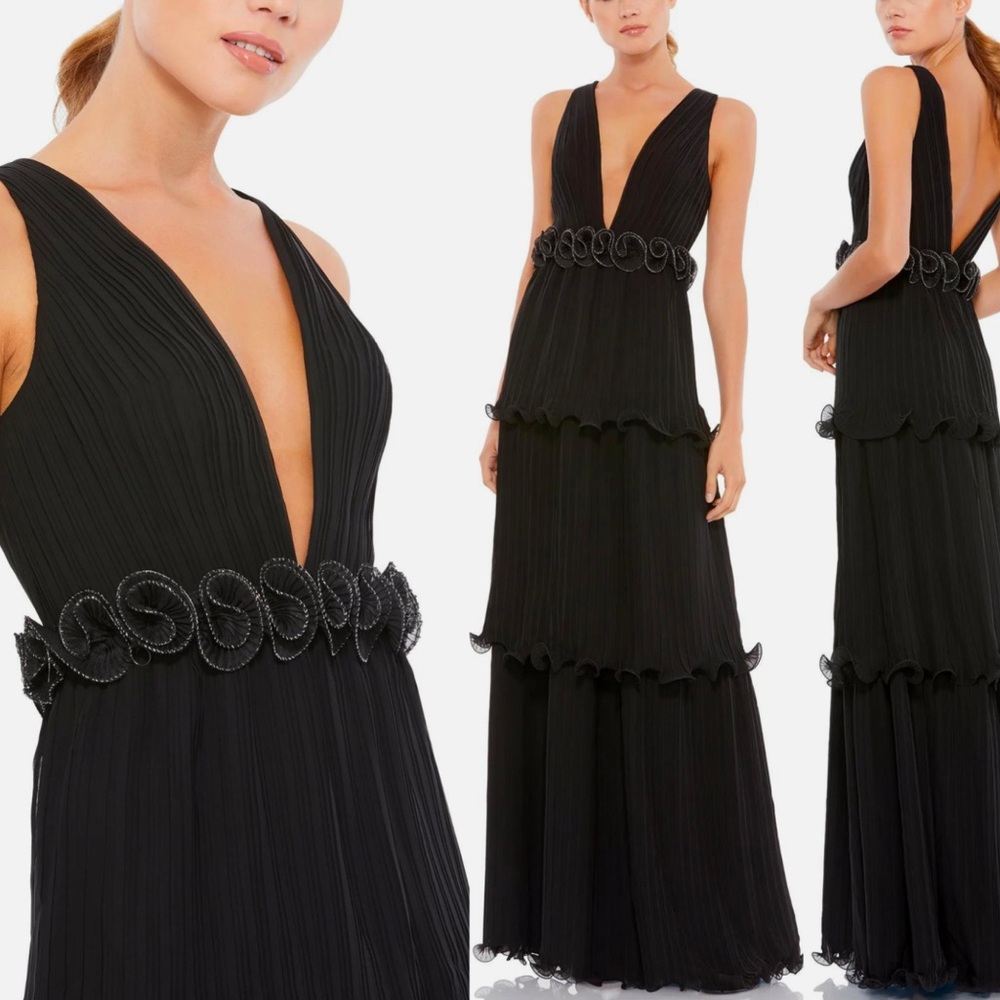 MAC DUGGAL Dress Size 2 Evening Gown Black Silver Ruffle Sleeveless Tiered NEW